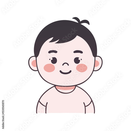 Cartoon baby with smile and short black hair on white