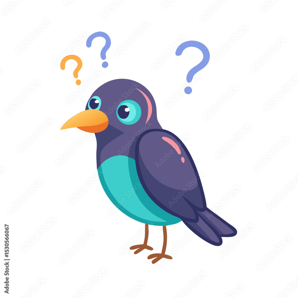Fototapeta premium Cartoon bird with question marks on white background