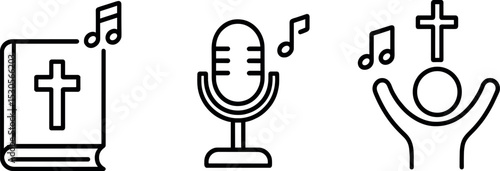 Christian worship symbols: bible, microphone, singing figure with notes icon set