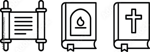 Religious symbols: scroll, torah, holy book, bible, christianity, judaism icons