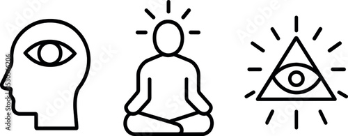Minimalist symbol icons of meditation, third eye, and enlightenment