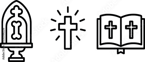 Christian symbols: relic, cross, and bible icons