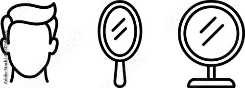 Outline icons: male head, handheld mirror, table mirror - simple black and white design