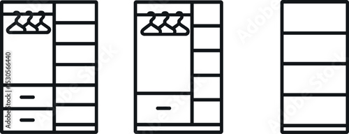Minimalist wardrobe closet icons set with drawers and shelves