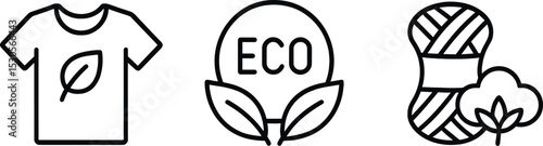 Eco-friendly symbols: leaf t-shirt, eco badge, cotton yarn
