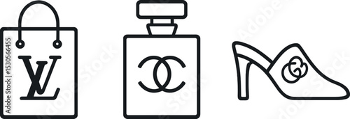 Iconic fashion symbols: shopping bag, perfume bottle, designer shoe