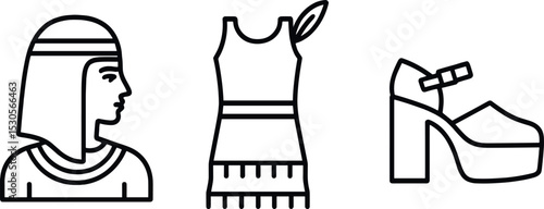 Ancient egyptian woman bust, dress, and high heel shoe icons in black outline