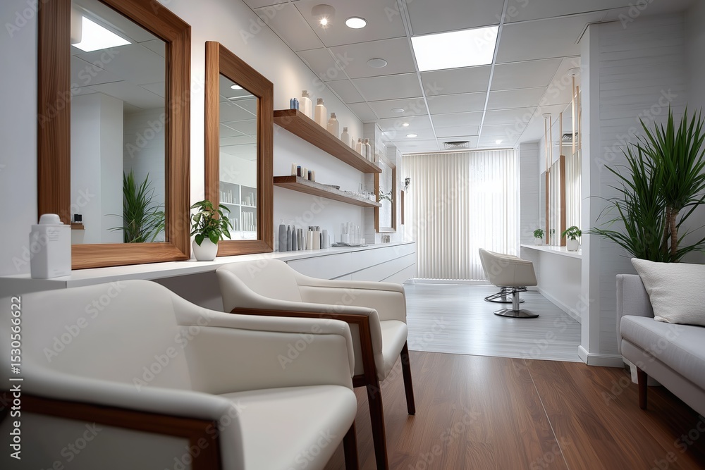 Fototapeta premium Modern hair salon interior with stylish decor and wooden accents in bright light