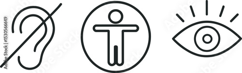 Accessibility symbols including ear with slash, person, and eye representing disability and inclusion