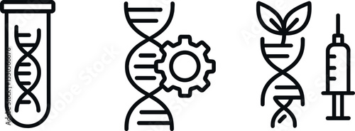 Genetic engineering icons: dna, gear, plant, syringe symbols