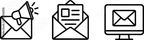 Email communication icons: envelope, message, notification on monitor