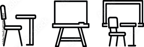 Classroom furniture icons: desk, chair, blackboard sketch