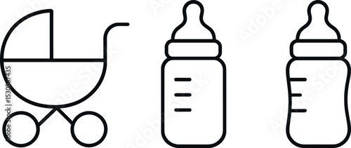 Minimalist baby stroller and bottle icons - simple black and white outline