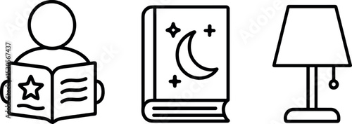 Reading icon set: person with book, moon book, table lamp