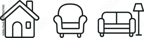 Minimalist icons: house, armchair, sofa, and lamp line art