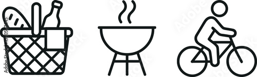 Picnic basket, grill, and bicyclist icons in black and white