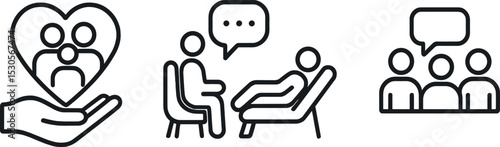 Mental health support icons: counseling, therapy, group session symbols