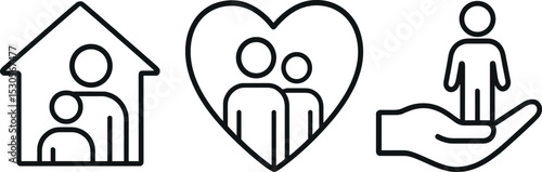 Family support icons: house, heart, and hand symbols with people figures