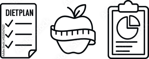 Diet plan essentials: apple, checklist, and chart icons for health and fitness