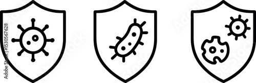 Shield icons with virus and bacteria symbols in black and white