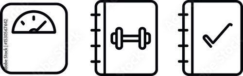 Minimalist icons of scale, dumbbell, and checklist for fitness and health