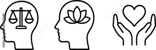 Mindset icons: balance, meditation, compassion symbols in black outline