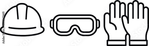 Safety equipment icons: hard hat, goggles, and gloves for construction and industrial protection