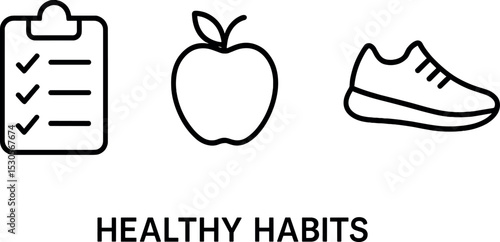 Healthy habits icons: checklist, apple, and sneaker symbols