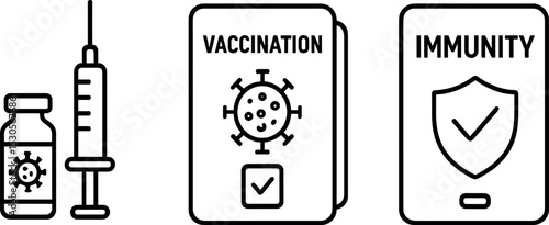Vaccination icons: syringe, vaccine bottle, immunity passport