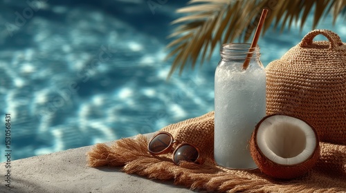 Coconut water bottle on seashore background