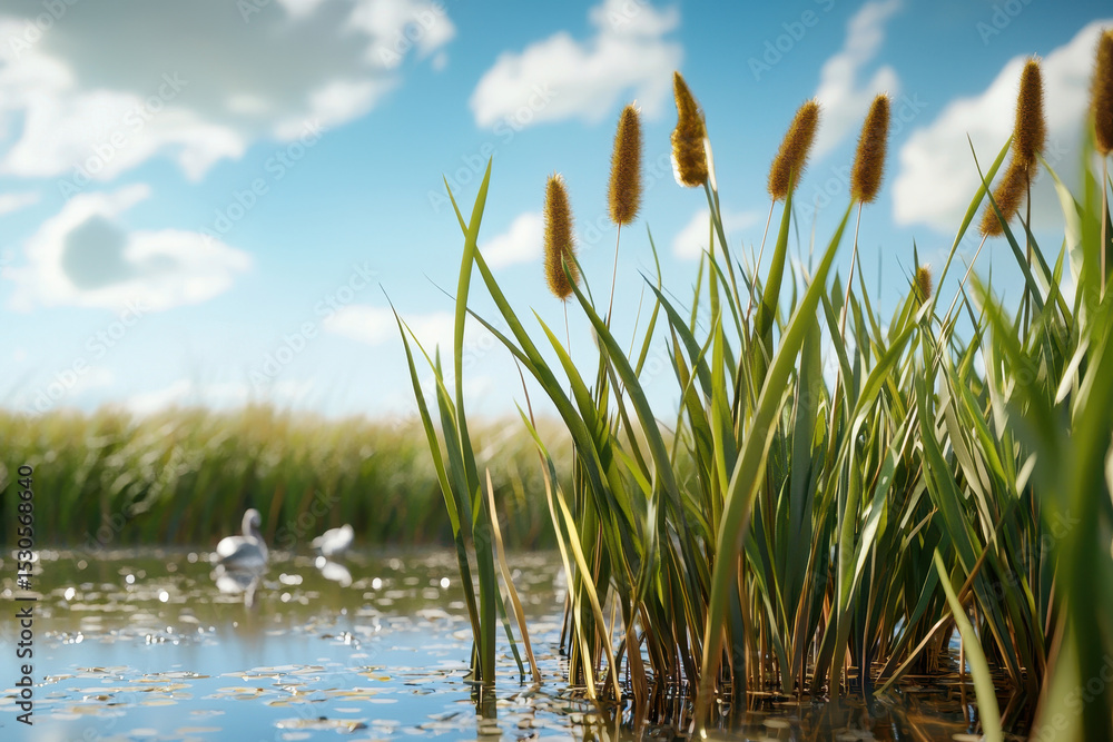 Obraz premium Serene marsh scene featuring tall reeds swaying gently in breeze, with ducks swimming peacefully in background