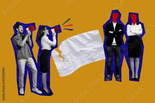 Bild auf Leinwand Composite 3D photo collage design trend sketch of silhouette team young man lady