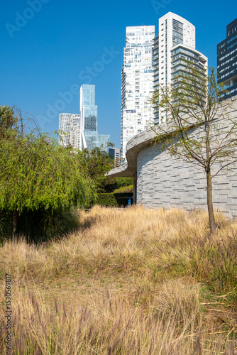 Modern residential towers framed by dry grass and blue sky, Santa Fe, Mexico City, clean skyline background with real estate and urban planning themes