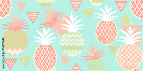 Pastel Pineapples and Geometric Triangles Summer Tropical Seamless Pattern