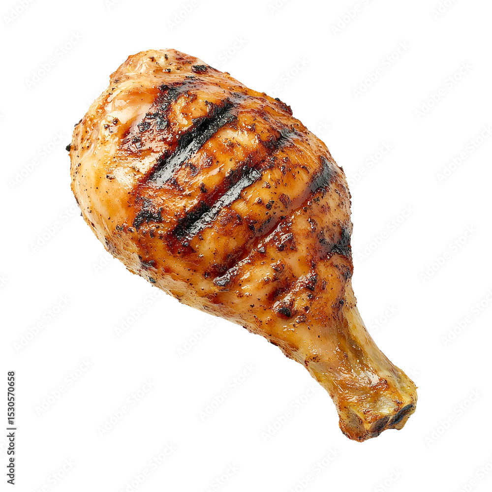 Grilled chicken drumstick, isolated on transparent background, close-up view, showing delicious, savory, barbecue-style grilling marks. Grilled chicken drumstick, isolated on transparent background, close-up view, showing delicious, savory, barbecue-style grilling marks.
