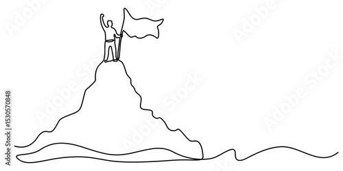 Man mountains continuous one line drawing, Drawing of businesswoman with flag on mountain peak concept for achievement. Single continuous line art style.                                           