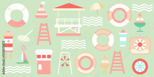 Adorable Summer Beach Collection Cute Illustrations of Lifeguard Stands, Boats, and Beach Essentials