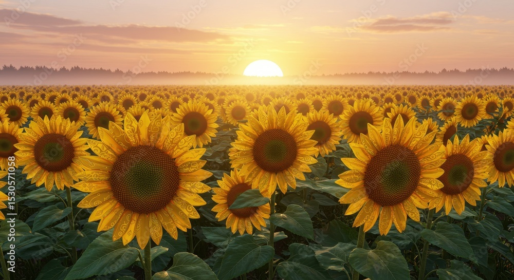 Fototapeta premium Stylized Sunflowers with Unique Patterns and a Rising Sun