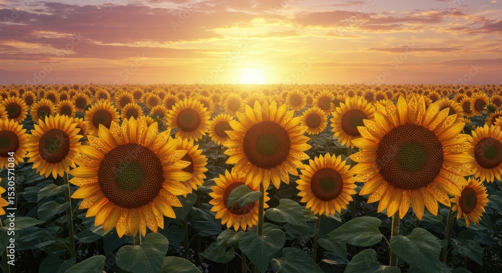 Fototapeta premium Stylized Sunflowers with Intricate Patterns and Rising Sun