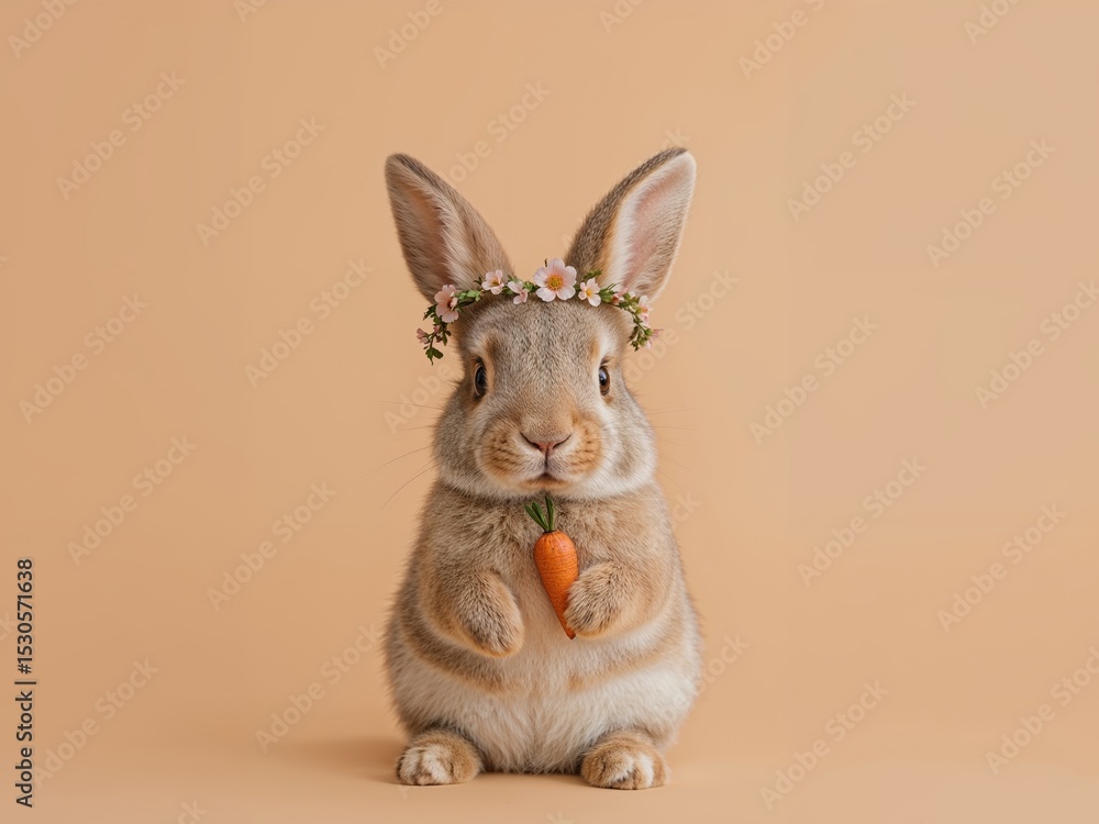 Fototapeta premium Adorable Easter Bunny with a Flower Crown Holding a Carrot on a Peach Background.