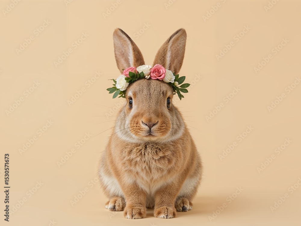 Obraz premium Adorable Rabbit Wearing a Flower Crown, Easter Bunny with Floral Decoration.