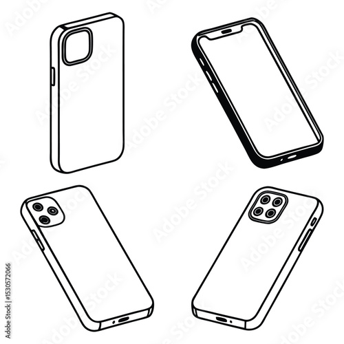 Smartphone case and phone isometric line art illustrations