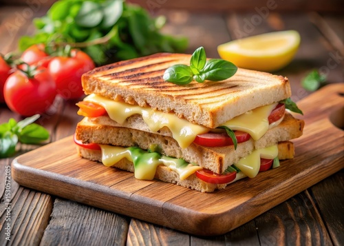 A juicy grilled cheese sandwich with melted cheese and fresh vegetables on a wooden cutting board