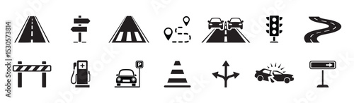Set of Road icon .  street, highway, traffic light, signpost, directions, parking, route, GPS, drive, crosswalk,  symbol. Solid black icon collection. 