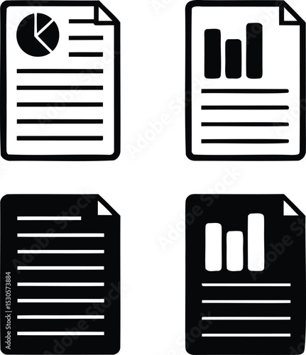 Report and Document Icon Set – Vector Silhouettes of Office Paper with Charts, Lines, and Graphs for Business Reports, Infographics, and Admin Design