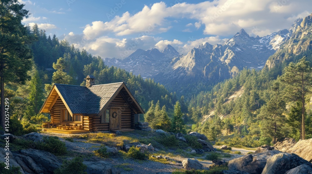 Idyllic mountain cabin nestled amidst lush forest with distant peaks Idyllic mountain cabin nestled amidst lush forest with distant peaks