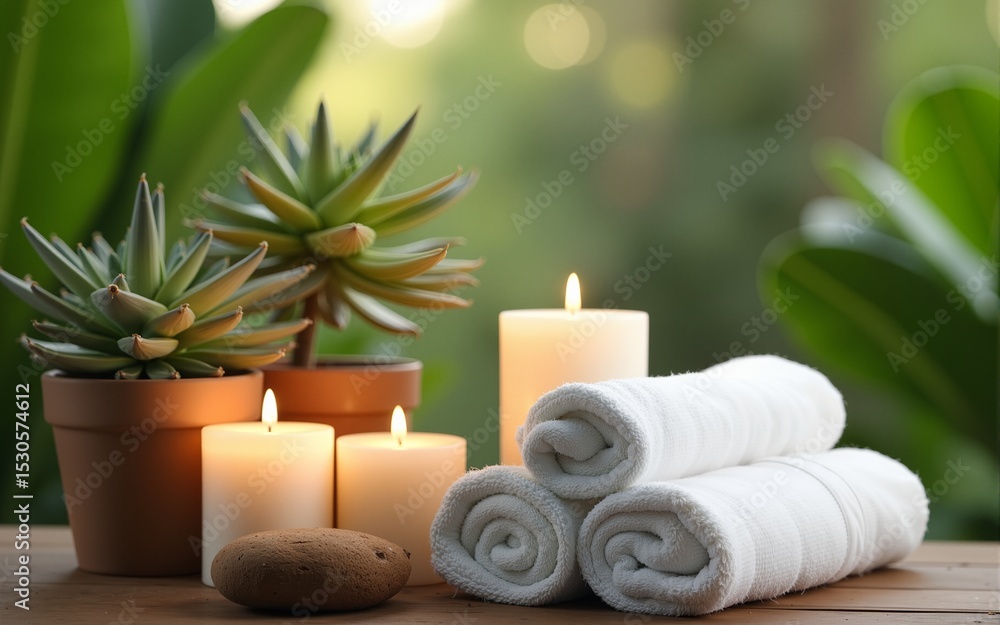 Spa towels with candles and plants promoting nature-inspired wellness and calming rhythms. High quality Spa towels with candles and plants promoting nature-inspired wellness and calming rhythms. High quality
