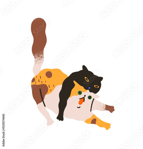 Silly cat bites his fluffy friend. Amusing kittens have fun, play together. Cute angry kitty attacks shocked, amazed pet, animal. Flat hand drawn isolated vector illustration on white background