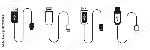USB cable icons vector set in stroke line style