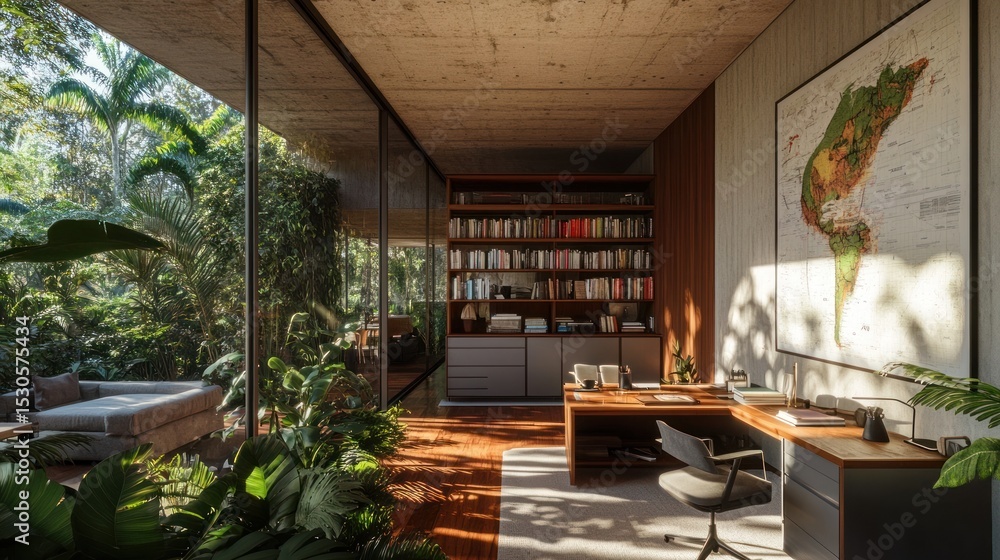 Fototapeta premium Tranquil office space with abundant tropical greenery.
